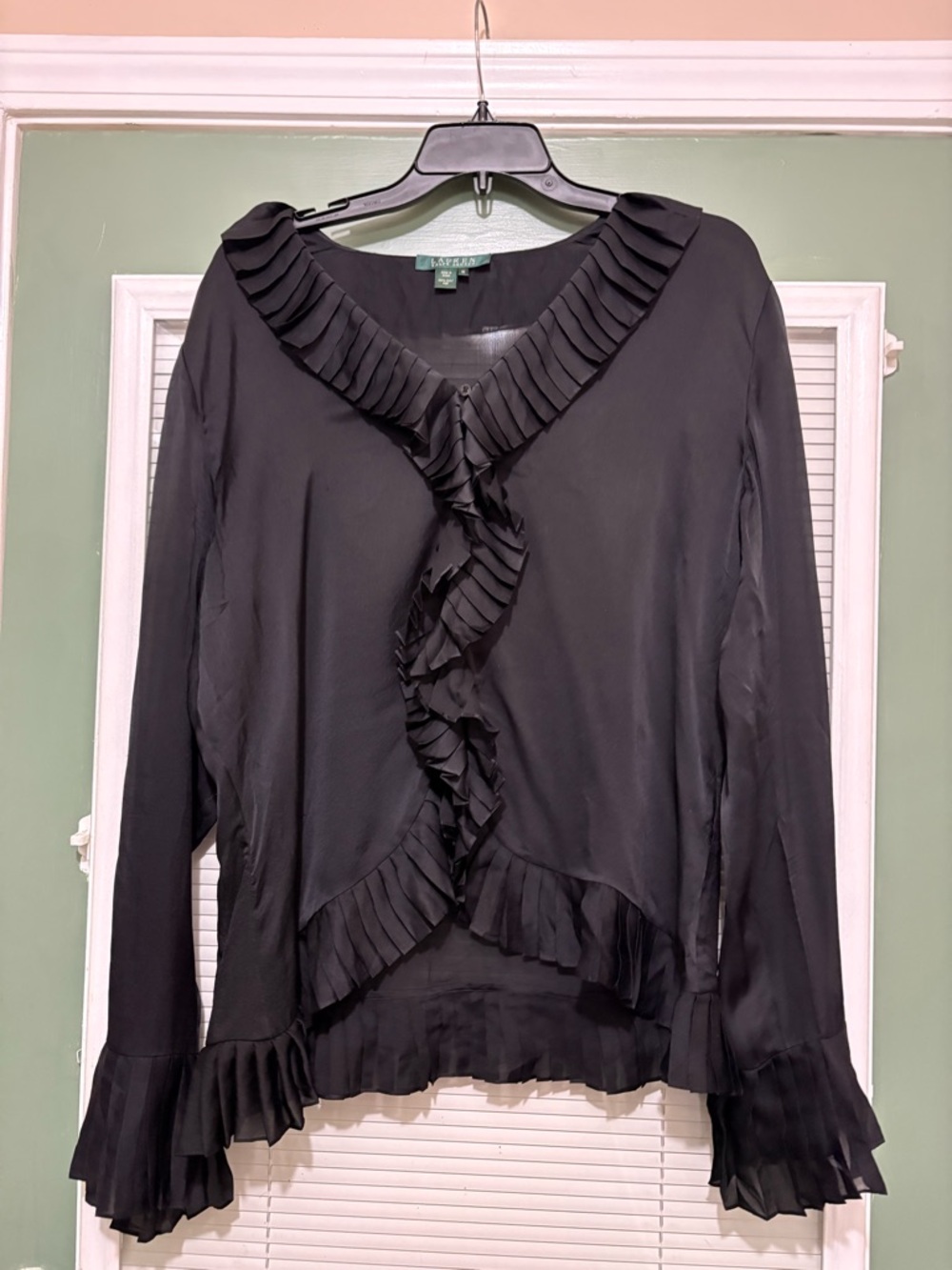 Lauren Ralph Lauren Pleated Silk Button Up Blouse Size 16 Ruffled Sheer